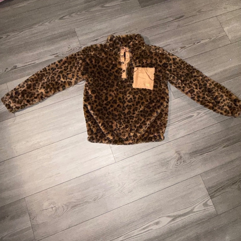 Juicy Couture Girls Leopard Print Faux Fur Fleece Pullover Snap Mock Neck 12